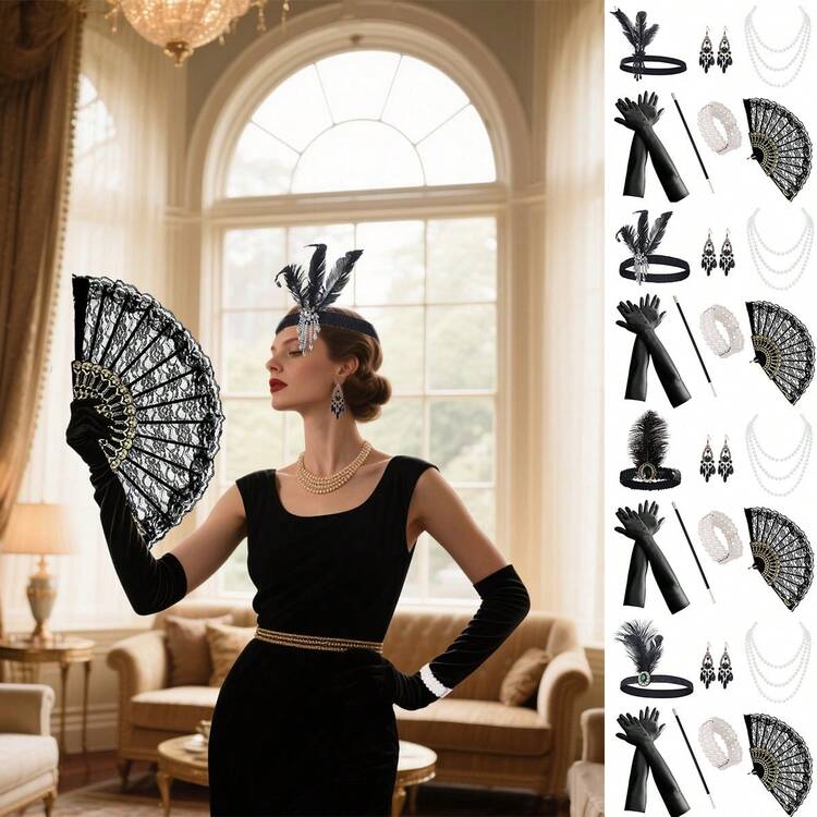 9pcs 1920s Women's Elegant Sexy Accessories High-End Retro Accessories Single Party Makeup Ball Feather Headband Pearl Necklace Gloves Lace Fan Hand Decor 7-Piece Set Holiday Costume Accessories - Black 1 - View 1