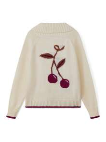 Women Button Up Sweaters Casual Cherry Pattern Long Sleeves Knit Cardigans Warm Fall Knitwear For Streetwear - Beige - View 5