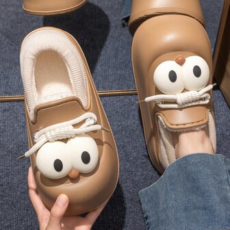 Pantuflas de peluche con ojos grandes y diseño de dibujos animados lindos para mujeres, con forro cálido y cómodo para interiores