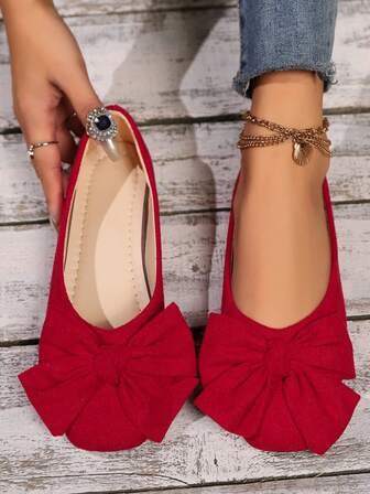 Women's Solid Color Bow Decor Breathable Fashion Comfortable Flat Heel Mid-Top Loafers, Elegant For Office, Outdoor, Vacation, Suitable For All Seasons