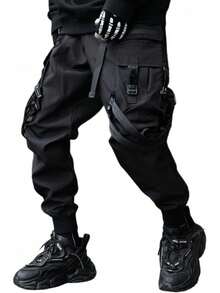 Pantalones cargo jogger negros de techwear gótico para streetwear de hombre - Negro - Ver 1