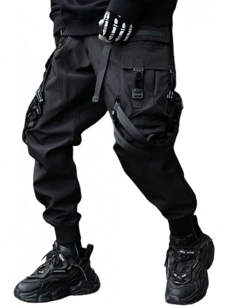 Pantalones cargo jogger negros de techwear gótico para streetwear de hombre - Negro - Ver 1
