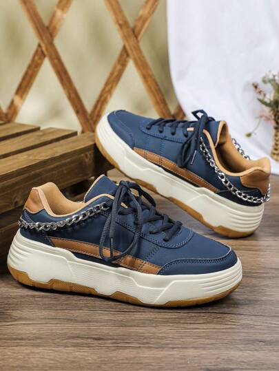 Navy Blue & Brown Classic Fashion Casual Outdoor Skateboard Shoes, Detachable Chain Decor Men's Sneakers For Daily Life, Business, Travel, Vacation, Versatile Sports Shoes