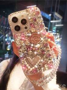 Luxury Fashion Rhinestone Pink Metal Glitter & Faux Pearl Heart Shockproof Phone Case Compatible With IPhone 16 Pro Max, 15 Plus, Galaxy S Series