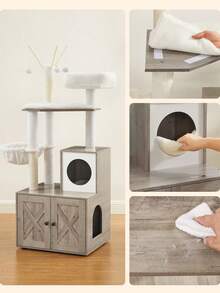 Feandrea WoodyWonders Cat Tree With Litter Box Enclosure, 2-In-1 Modern Cat Tower, Cat Condo With Scratching Posts, Removable Pompom Sticks, Washable Cushions, Greige - Light Grey - View 4