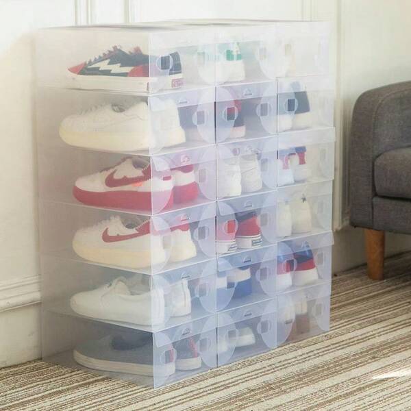 Stackable Clear Shoe Boxes, Display Storage Boxes, Plastic Transparent Drawer-Style Shoe Boxes, Shoe Racks, Shoe Cabinets, Stand-Alone, Suitable For Office And Home Display And Storage, Shoe Boxes, Transparent, Black