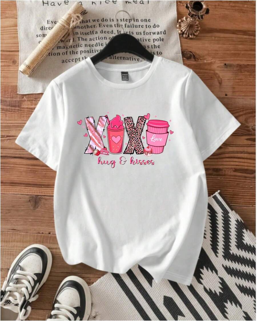 CHOPIS Camiseta Dama cuello redondo manga corta playera mujer blusa gráfica moda chopis suave casual diseño de XOXO ROSADO CAFE - Blanco - Ver 1