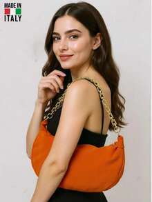 Made In Italy Genuine Leather & Suede Women's Underarm Bag, Minimalist Half-Moon Shaped Suede Crossbody Bag With Metal Chain And Adjustable Strap. Ideal For Shopping And Commuting, A Personalized Choice For Fashion-Conscious Individuals. The Best Gift For Ladies, Essential For Vacation, And A Must-Have For Travel. - Orange - View 1