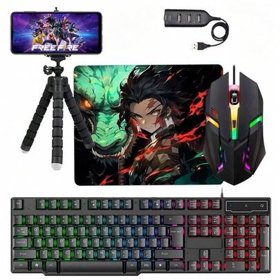 Kit Mobilador Completo Gamer  P/ Jogar Free Fire Teclado e Mouse Led Rgb Com Fio Usb P/ Celular Menor Preco