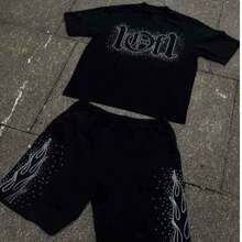 Kit Bermuda e camiseta Lof1 Brilhante estrelas  Verão    Ajuste Regular    Cordão  Bolso  Strass - Preto - Visão 1