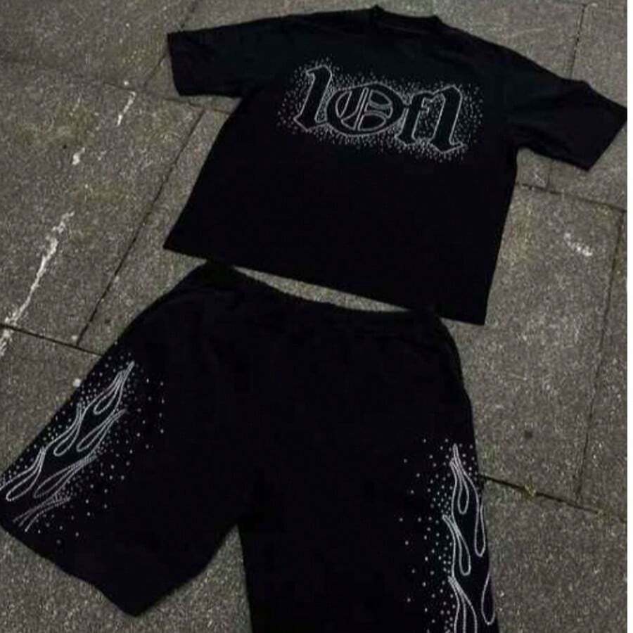 Kit Bermuda e camiseta Lof1 Brilhante estrelas Verão Ajuste Regular Cordão Bolso Strass - Preto - Visão 1