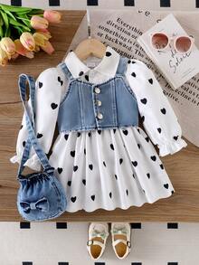 Bộ 3 áo vest denim cho bé gái, váy sơ mi thường ngày trang trí hình trái tim có nơ và túi đeo chéo denim - Đen và trắng - Xem 4