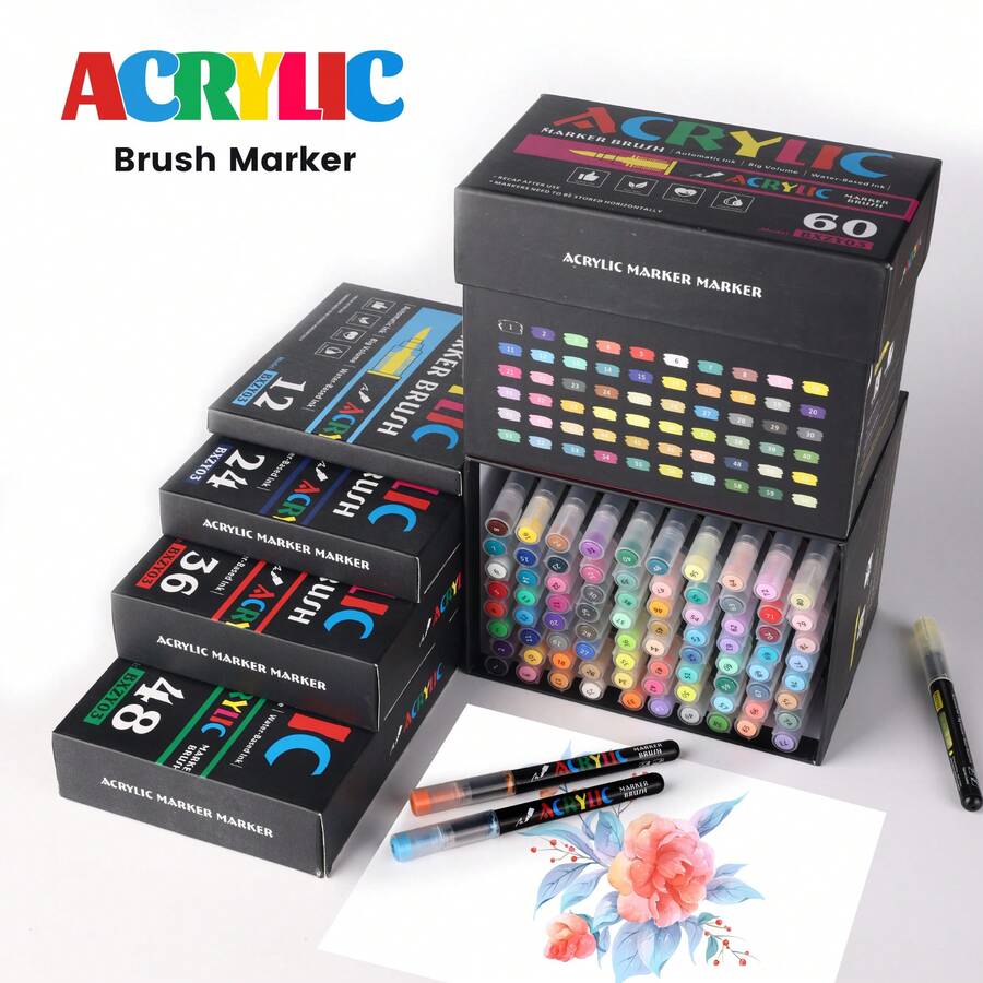 Set de marcadores acrílicos de cerdas suaves, 12-120 colores, control automático de tinta, pigmento rico, apilable, cobertura fuerte, suministros de arte - Multicolor - Ver 1