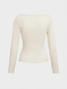 Basic Minimalist Crew Neck Double Layer Seamless Fitted Long Sleeve Top Casual Spring - Apricot - View 5