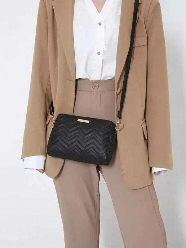 1pc Black Camera Bag, Fashionable Striped Embroidered Casual Shoulder Crossbody Bag