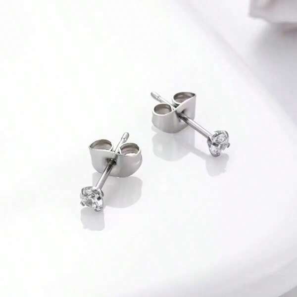 2pcs White Round Cubic Zirconia Stainless Steel Stud Earrings For Women