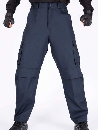 2025 New Style, Men's Work Pants Solid Color Blue Multi Pocket High Waist Comfortable Loose Casual Work Pants, Daily Casual, Work Pants, Outward Dressing, Suitable For All Seasons