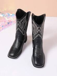 女士粗跟套脚刺绣黑色西部靴，方头中筒靴，时尚百搭骑马靴，新款秋冬短筒西部牛仔靴，牛仔靴，Coachella音乐节必备 - 黑色 - 查看 2