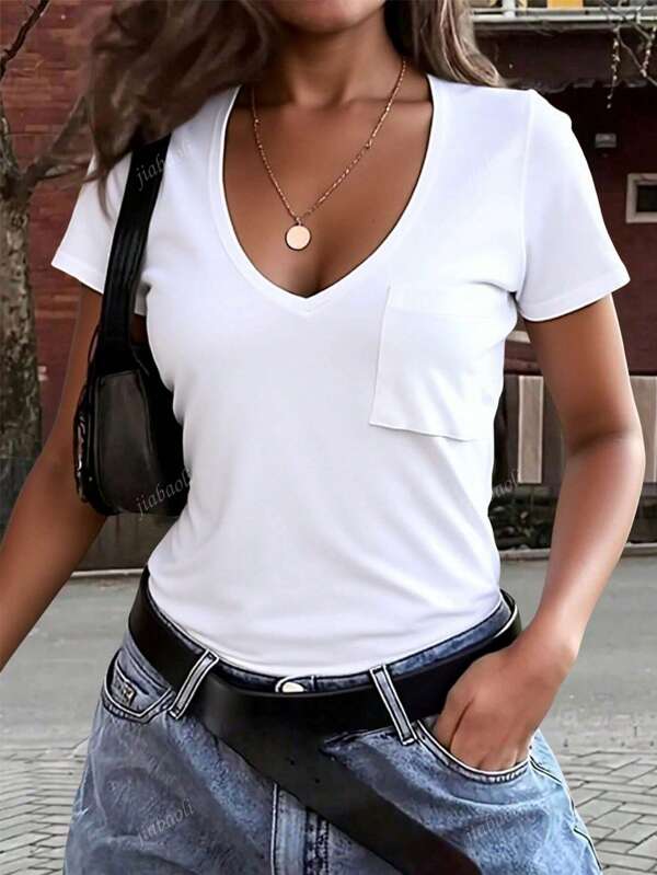 Women V-Neck Solid Color T-Shirt, Fashionable For Summer
