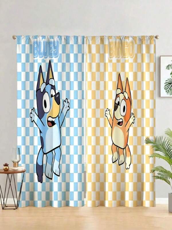 Bluey 2pcs Bluey Blackout Curtains, 100% Polyester, Heat Insulation, Plain Weave Fabric, Cordless, Featuring Bluey Family & Friends Prints In Yellow-Blue, Pink-Yellow, Orange-Blue Patterns, Fashionable Theme, Suitable For Bedroom, Living Room, Kitchen, Bathroom, All-Season Room, Ideal For Bathroom Decor And Home Decoration