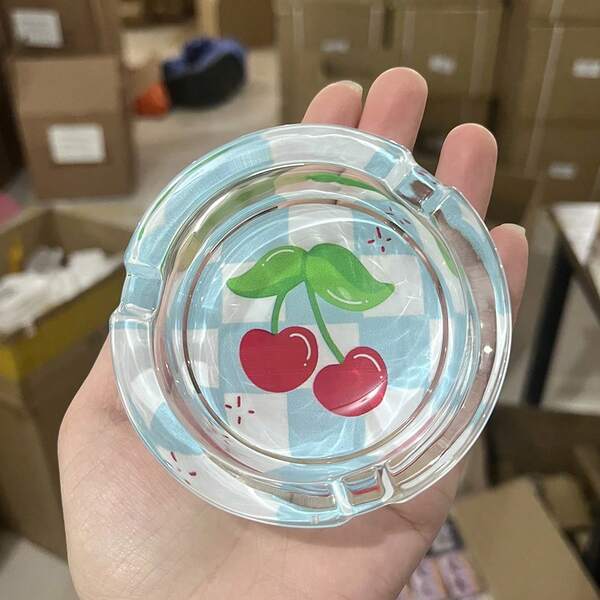 1PC Cute Blue White Plaid Cherry Pattern Glass Ashtray Sweet Transparent Glass Round Ashtray, 85MM MINI Ashtray Office Ashtray Home Guest Room Office Simple Ashtray, Woman Man Gift Creative Birthday Gifts Home Room Living Room Bar Decor Ashtray