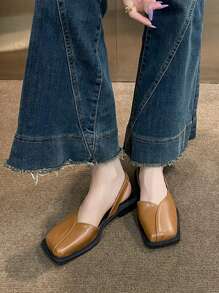 Brown Square Toe Sandals, Women's Flat Casual Sandals, Solid Color Hollow Out Flats For Summer - Brown - View 1