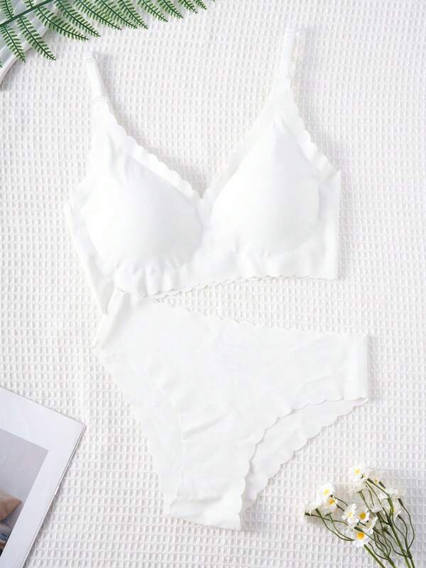 Komplet bielizny damskiej 2 szt., w kolorze czystej bieli, z wyjmowanym biustonoszem bezszwowym, regulowanymi ramiączkami z koronką w kolorze czystej bieli, wygodna bezszwowa bielizna w kolorze białym, wygodny i swobodny komplet bielizny damskiej