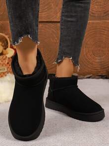 1 双女式纯色休闲保暖内衬户外保暖雪地靴，居家和冬季，毛皮靴 - 黑色 - 查看 2