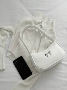 纯色迷你腋下单肩包，PU皮革小包，简约蝴蝶结金属装饰，休闲百搭手提包，大容量拉链法棍包，零钱包，手机袋，适合购物、约会、外出