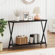 Mesa de entrada, mesa de exhibición industrial de dos niveles con estantes, mesa estrecha para pasillo, vestíbulo, sala de estar, dormitorio - Negro - Ver 1