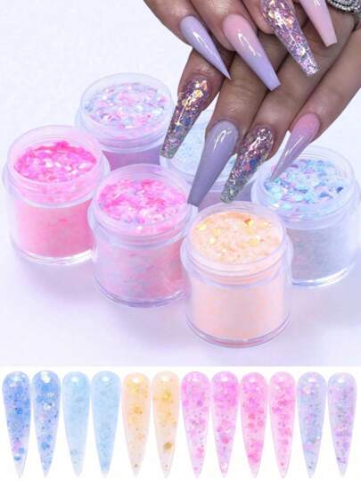 6 件套亚克力闪光指甲粉套装粉色蓝色彩色美人鱼美甲彩虹六角形亮片亚克力粉套装女士女孩 DIY 法式美甲亚克力按压指甲