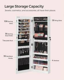 SONGMICS Mirror Jewelry Cabinet, Wall Or Door Mounted Jewelry Storage, Lockable, With 2 Plastic Cosmetic Organizers - 白色 - 查看 5