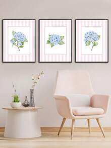 Conjunto de 3 pinturas em aquarela de hortênsias, arte de parede com paisagem costeira, estilo Hampton, decoração de parede com estética costeira, pintura a óleo botânica, fundo listrado, ideal para quarto, sala de estar, escritório, sala de jantar, cozinha, escritório, corredor, dormitório, banheiro, presente ideal para amigos, arte de parede, decoração de parede, decoração de casa, decoração de quarto, arte de parede em tela, pôster, arte de parede emoldurada, opções de moldura disponíveis - Multicolorido - Ver 3