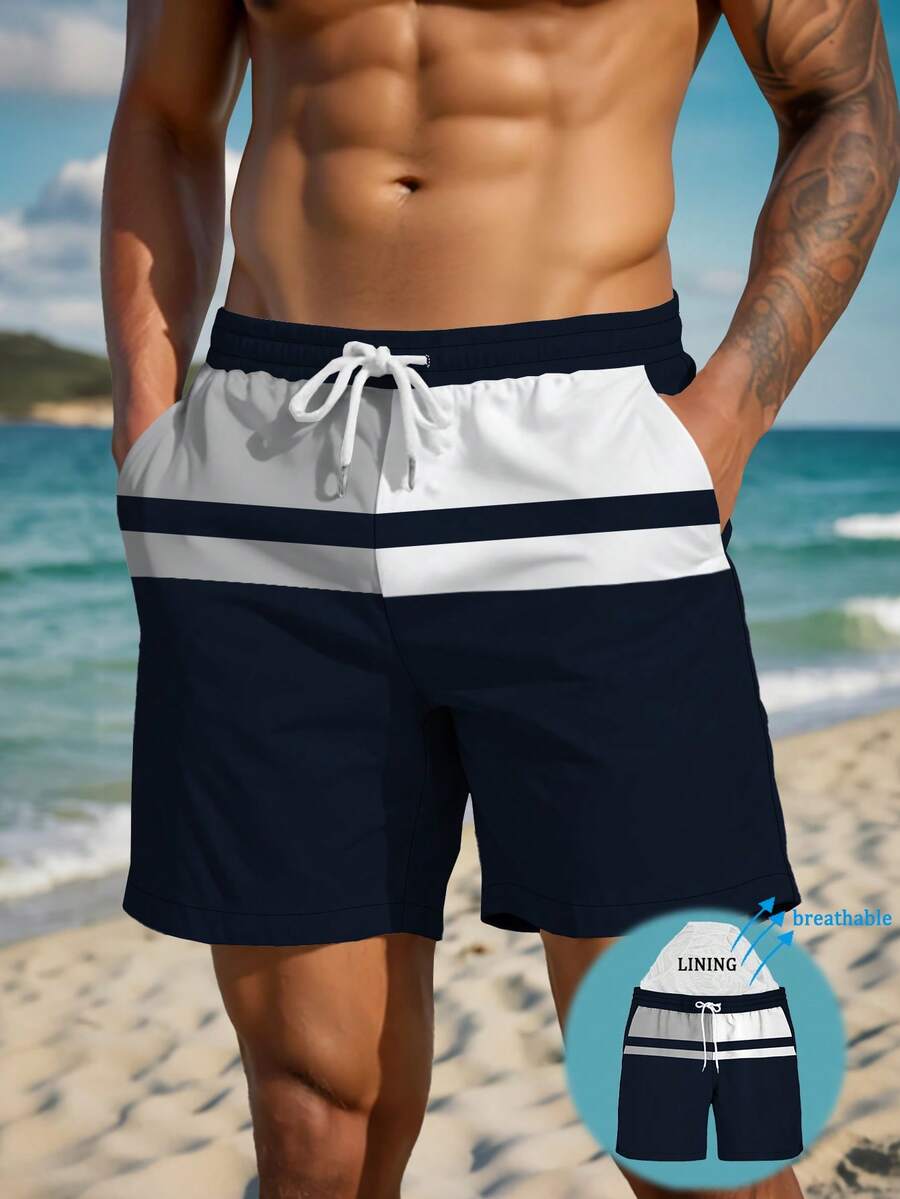 男士夏季印花图案抽绳腰斜口袋夏威夷速干双层网眼衬里短裤，撞色3D艺术印花，时尚休闲沙滩度假泳裤