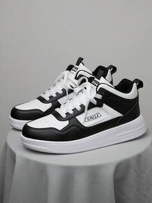 Men's Retro Colorblock High-Top Leather Patchwork Sneakers, Minimalist Thick Sole Versatile Commuter Casual Shoes - White and Black - View 10