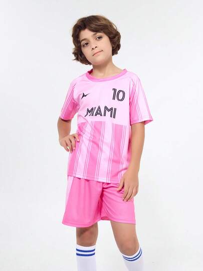 SURUIDA 2PCS Miami Boys Outfit Sets For Tween Boy Soccer Uniform With Pink Jersey Including Jersey And Shorts, Athletic Style For School Team Competitions And Training