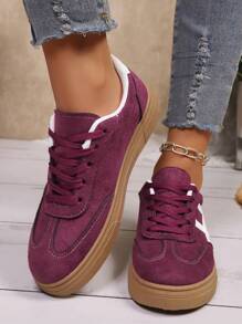 New Casual Sports Shoes, Fashion Versatile Suede-Like Lace-Up Women Sneakers, Student Shoes - Red Violet - View 3