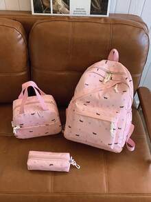 3pcs/Set Cartoon Puppy Print Backpack Set, Includes Backpack, Lunch Bag And Pencil Case, With Laptop Compartment, Adjustable Shoulder Straps, Multi-Pocket Large Capacity, Multifunctional Bookbag Set, Suitable For Women/Girls/Teens/College Students/Graduates, For Daily Use/Vacation/Travel/Back To School - Pink - View 3