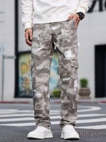 1pc American Casual Brand Camouflage Men's Multi-Pocket Skinny Jeans, Comfortable Washed Denim Pants (No Belt Or Accessories) - Beige - View 1