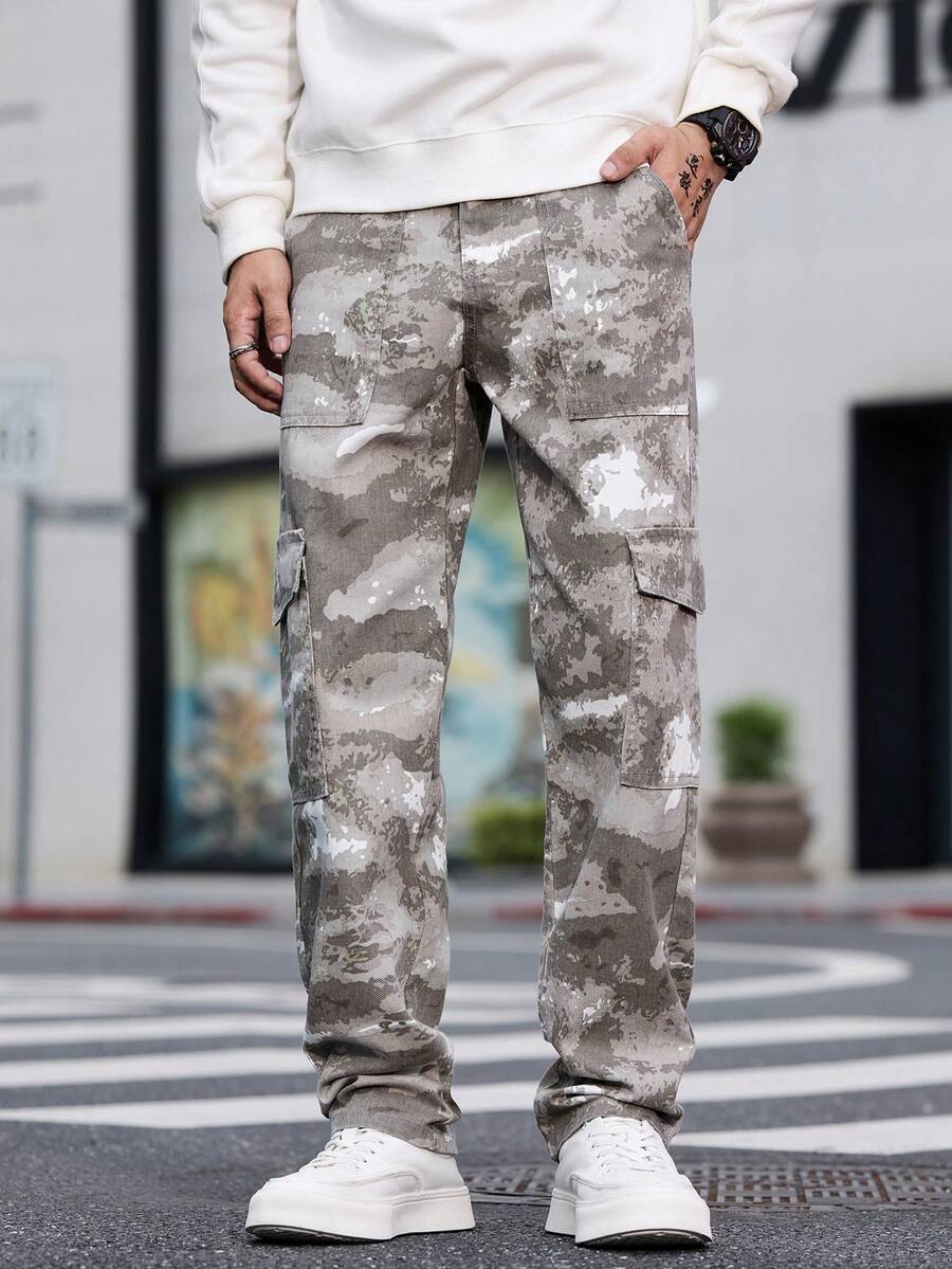 1pc American Casual Brand Camouflage Men's Multi-Pocket Skinny Jeans, Comfortable Washed Denim Pants (No Belt Or Accessories) - Beige - View 1