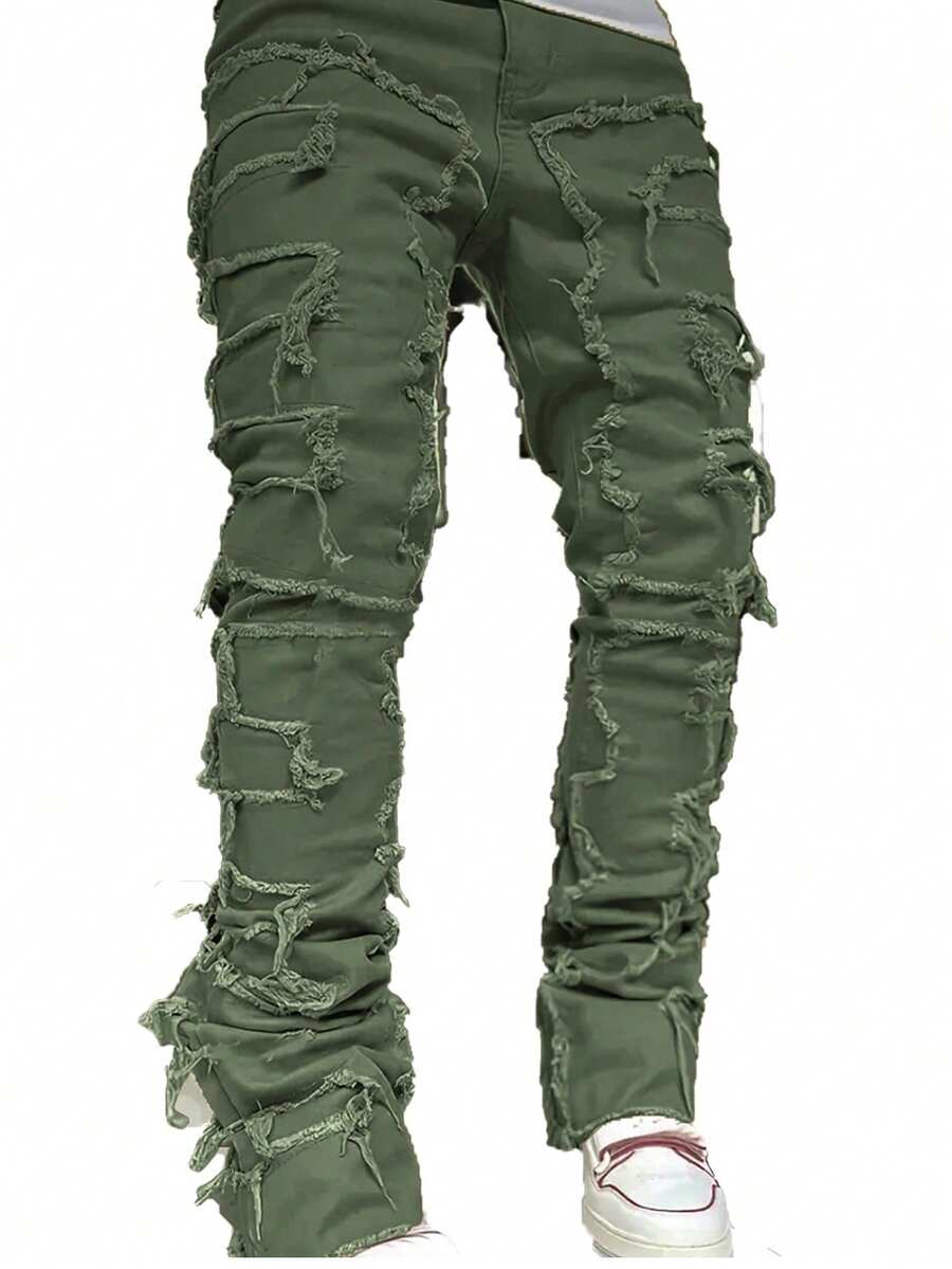 男士时尚休闲街头破洞流苏简约纯色牛仔裤 - 軍綠色 - 查看 1