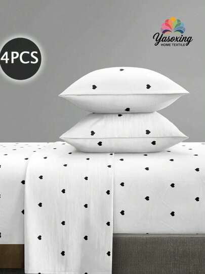 4Pcs Black White Heart-Shaped Pattern Sheet Set Bedding Set, 1pc Fitted Sheet & 1pc Flat Sheet& 2pcs Pillowcase Bedding Mattress Protector Set (Not Including Pillow Core)Luxury Fitted Sheet Set King Queen Full TWIN SIZE Sheet Deep Pocket Up To 11.8 Inch Pillowcase, Soft Breathable Wrinkle-Free Better For Sleep, Luxury Hotel Style, Gift For Mom Dad Friend Domitory Bedding Back School Bedding