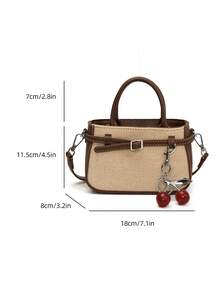 Casual Contrast Color Texture Versatile Commute Retro Leather Buckle Small Handbag With Pendant For Women - Coffee - View 11