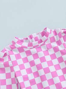 Girls Bikini Beach Swimwear Long Sleeve Checkerboard Print Ruffle Romper Bathing Suit - Rosa - Ver 7