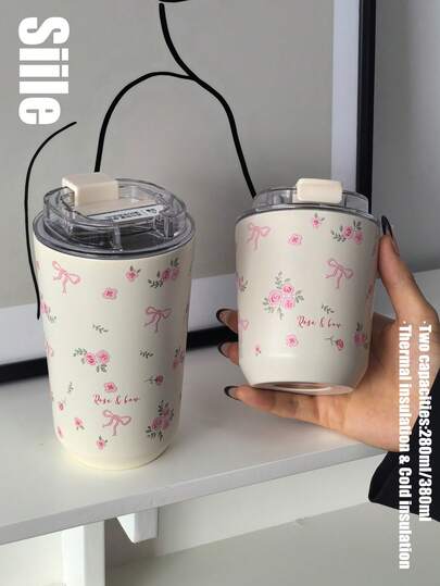 1 件粉色蝴蝶结和碎花 280ml/380ml 双层不锈钢保温杯、杯子、水瓶，适用于健身房、办公室、家居、户外、旅行、节日礼物、毕业典礼、返校、母亲节
