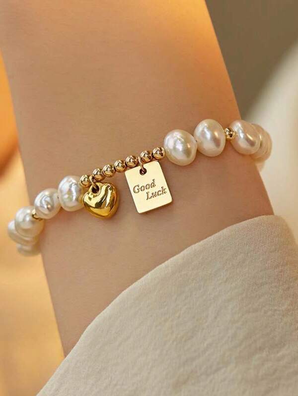 1 pièce Bracelet perle de Baroque de conception unique en forme de cœur chanceux, accessoire élégant pour femmes