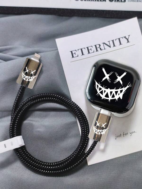 5pcs Black/White Personalized Pattern Cable Protectors, Suitable For IPhone 13/12/11, 18W -Free Charging Accessory, Durable Plastic, Fashionable Gift For Boyfriend/Girlfriend - UK Version Nan Charger Protector Charger Case Phone Accessories