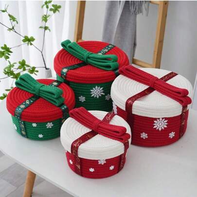 1pc Christmas Covered Dust-Proof Storage Basket, Cotton Rope Woven Gift Box, Holiday Snack Small Gift Storage Basket, Decorative Ornament