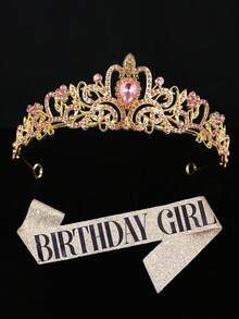 1 Set Minimalist Fashion Women's Birthday Crown Outfit, Zinc Alloy Crown, Birthday Girl Shoulder Strap, Birthday Party Princess Costume Set - Gold - View 11
