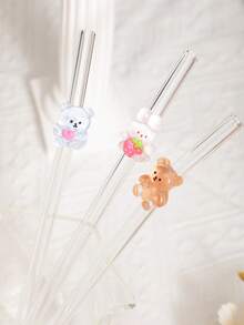 1-5 piezas/Set de pajitas de vidrio reutilizables con lindos acentos de conejo y oso, aptas para bebidas heladas, té de la tarde, batidos, smoothies, agua con gas, leche con té, jugos y otras bebidas frías. Ideal para fiestas en la playa.